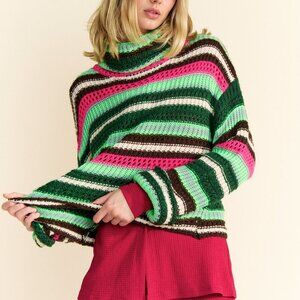 DAVI & DANI RETRO Colourful Striped Knit Turtleneck Sweater